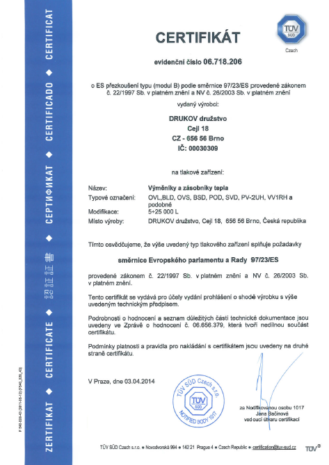 Certifikát výměníky a zásobníky tepla